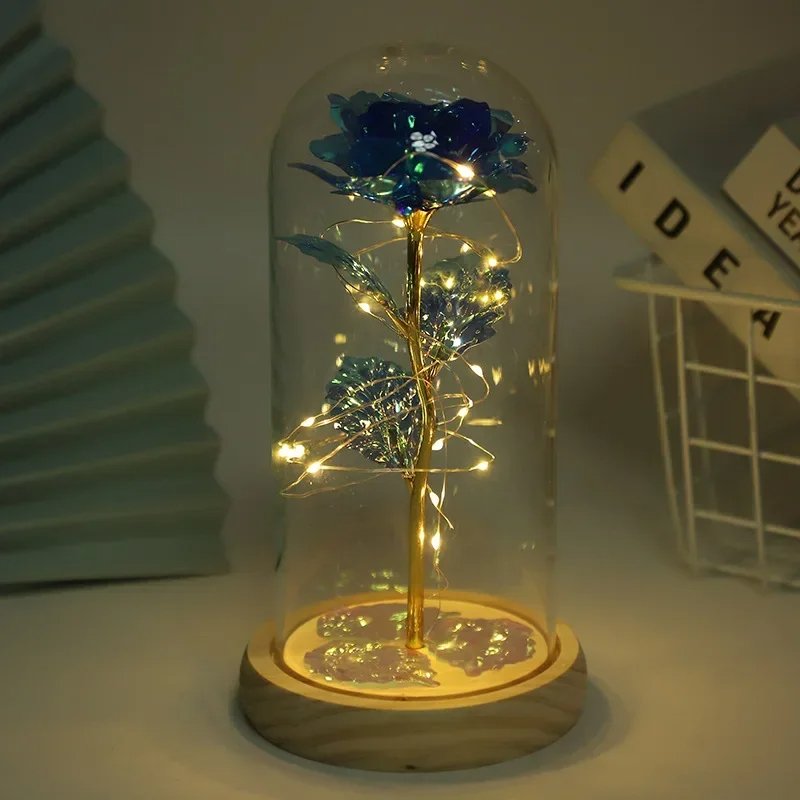 Valentines's Day Forever Roses Gift Artificial Eternal Beast Beauty Rose Everlasting Preserved Flower for Gift Glass Dome LED