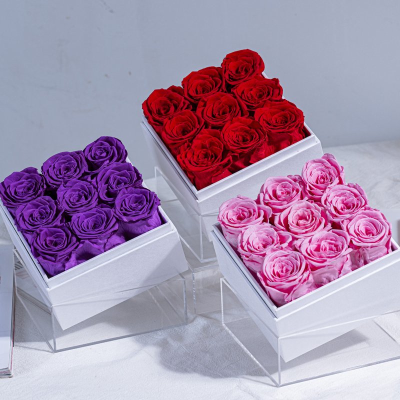 Eternal Rose Square Acrylic Gift Box for Preserved Flowers & Plants 9 roses for love