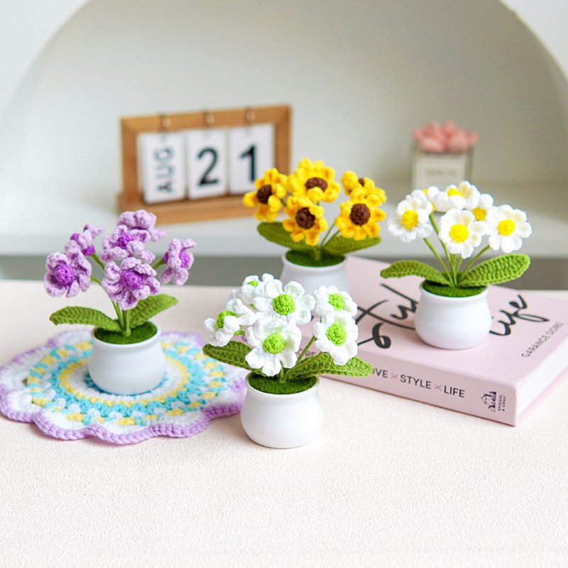 DAMAI High Quality Wool Crochet Flower Pot Handmade Lily Woven Flowers for Home Decor Christmas Gift Teachers' Day Gift