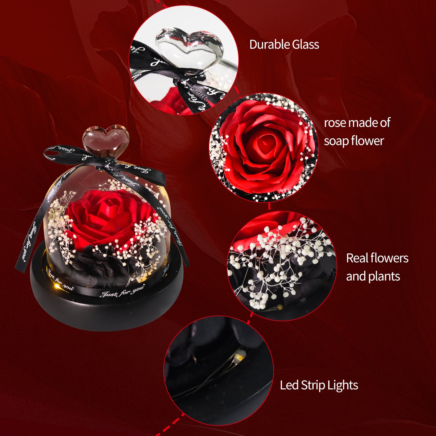 Christmas Valentines Day Gift Preserved Flowers Forever Soap Rose Eternal Preserved Roses in Glass Dome Gifts for Mom Women