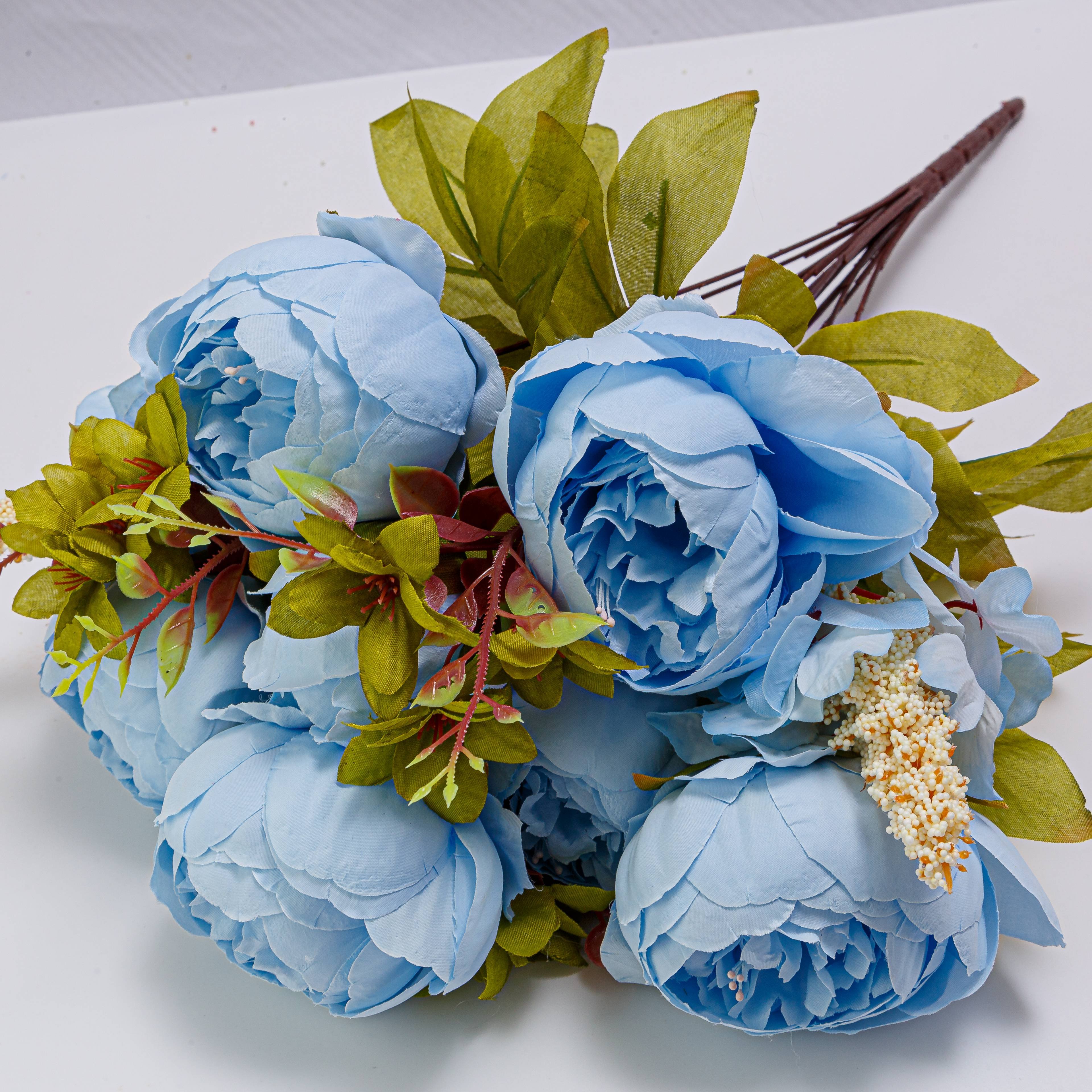 50cm Blue Silk Peony Artificial Flowers Bouquet13 Big Head Fake Flowers for Home Indoor Wedding Decoration