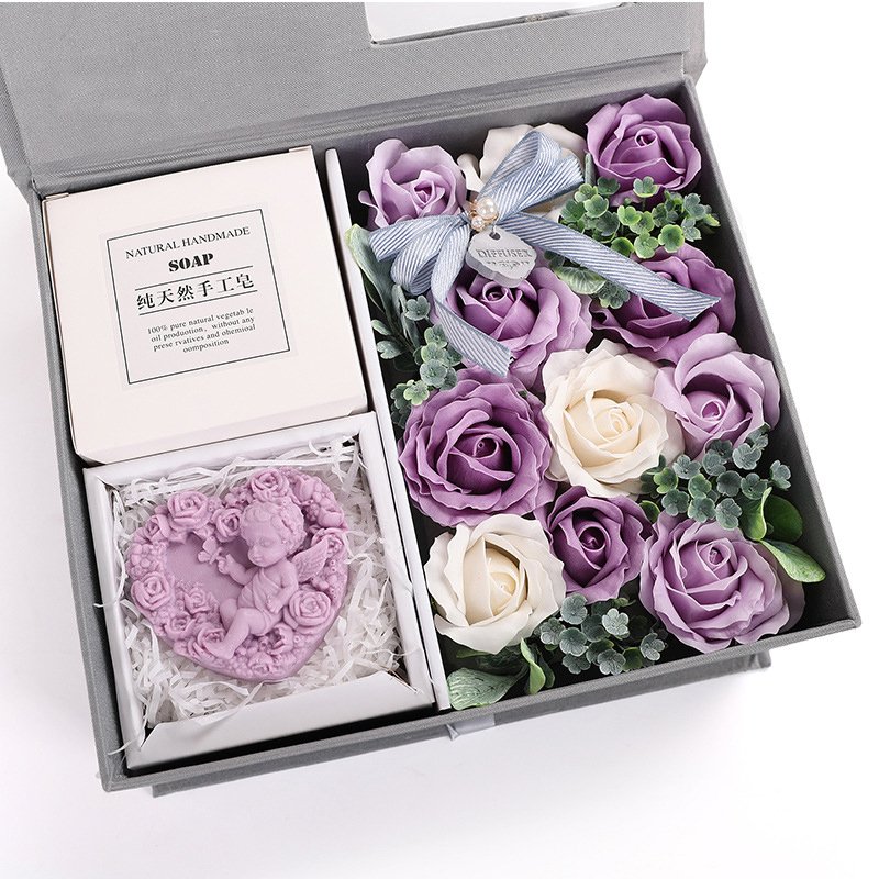 Natural Handmade Soap Rose Flower And Cupid Carved Soap Storage Display Flower Gift Box For Valentine's Day Anniversary Birthday