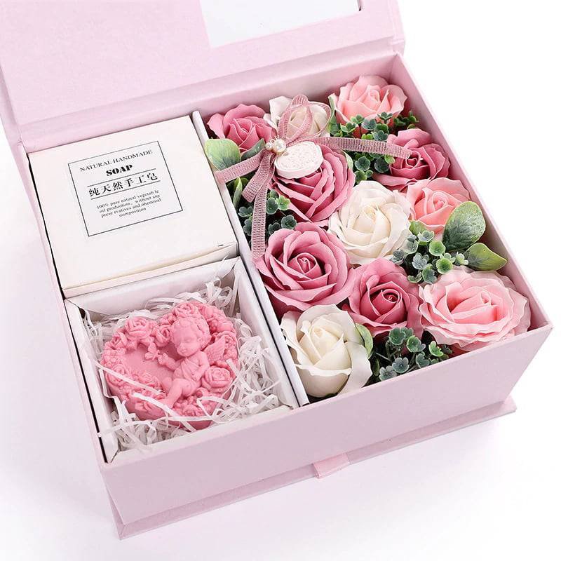 Natural Handmade Soap Rose Flower And Cupid Carved Soap Storage Display Flower Gift Box For Valentine's Day Anniversary Birthday