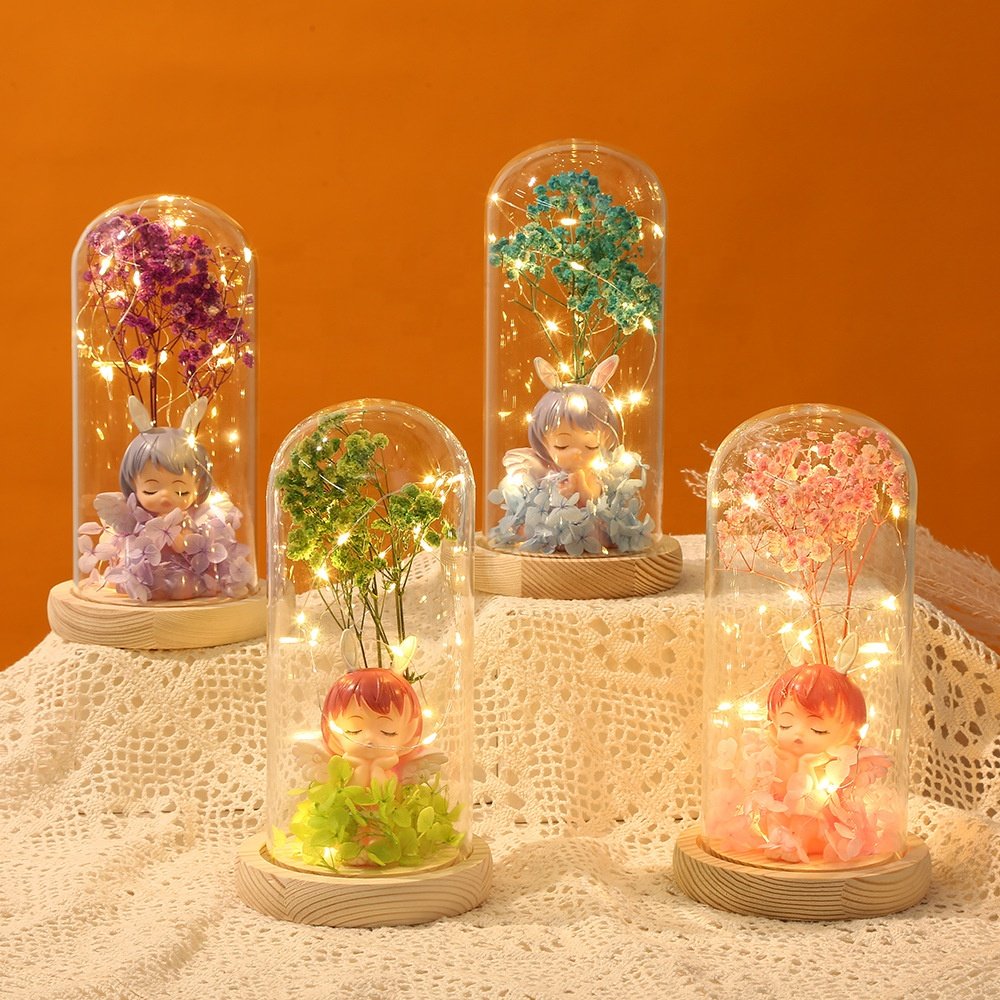 TC Wholesale LED Light Up Preserved Flower Babysbreath Wedding Decorations Mothers Valentines Gifts Angel Doll In Glass Dome