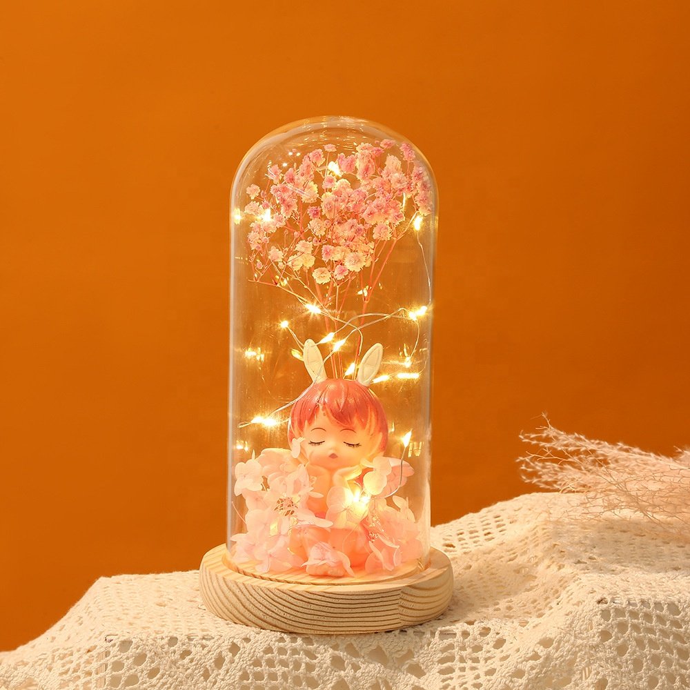 TC Wholesale LED Light Up Preserved Flower Babysbreath Wedding Decorations Mothers Valentines Gifts Angel Doll In Glass Dome