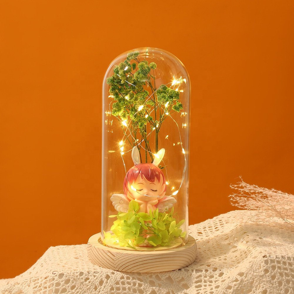 TC Wholesale LED Light Up Preserved Flower Babysbreath Wedding Decorations Mothers Valentines Gifts Angel Doll In Glass Dome