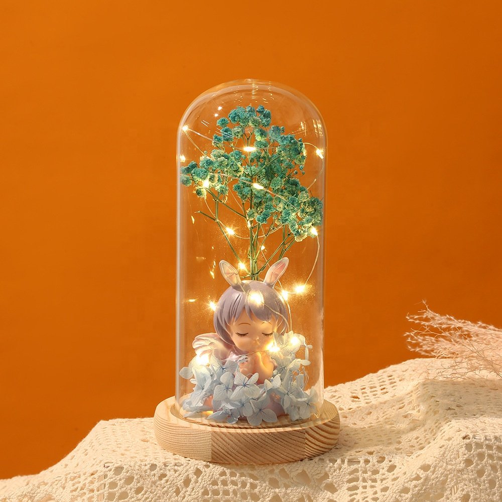 TC Wholesale LED Light Up Preserved Flower Babysbreath Wedding Decorations Mothers Valentines Gifts Angel Doll In Glass Dome