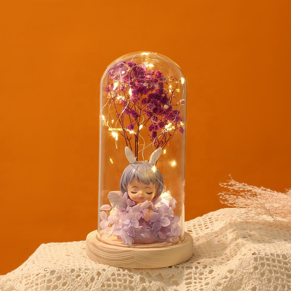TC Wholesale LED Light Up Preserved Flower Babysbreath Wedding Decorations Mothers Valentines Gifts Angel Doll In Glass Dome