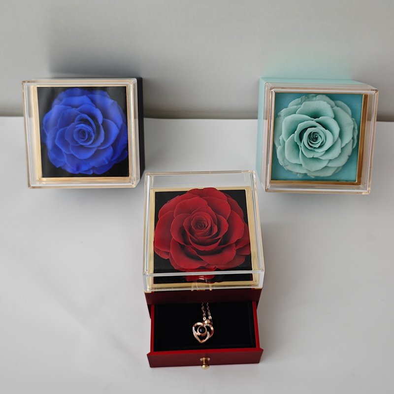 Exquisite design Valentine'S Day Preserved Flower Top Acrylic Necklace Ring Jewelry Gift Box With drawer