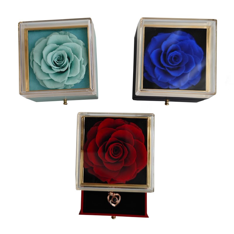 Exquisite design Valentine'S Day Preserved Flower Top Acrylic Necklace Ring Jewelry Gift Box With drawer