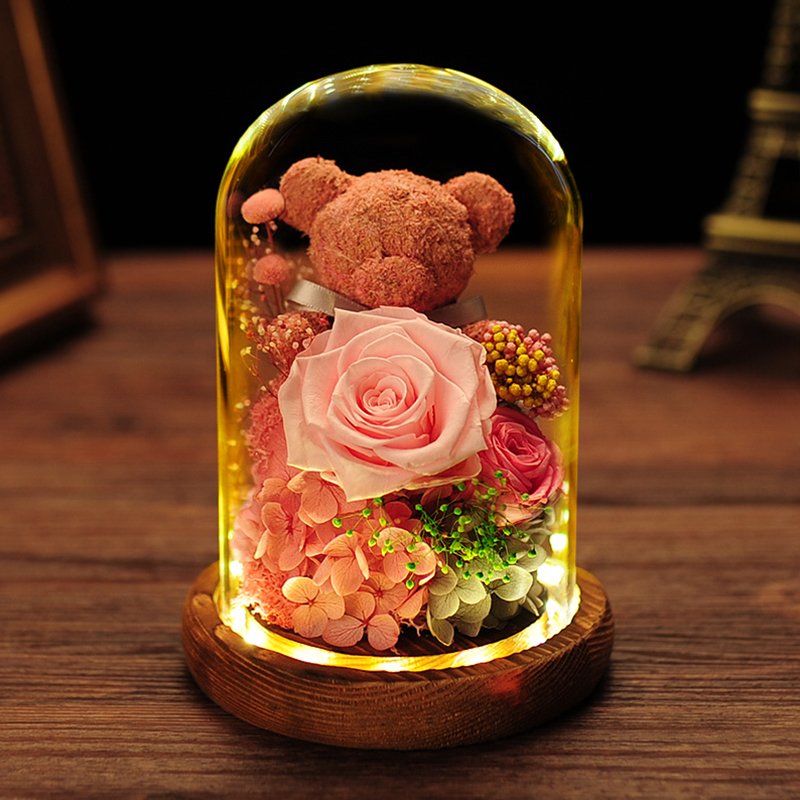 Gift Box Moss Bear Rose Dried Flower Bouquet Creative mothers Gifts Glass Cover Eternal Flower preservatives flower