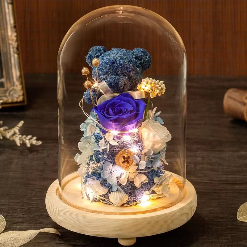 Gift Box Moss Bear Rose Dried Flower Bouquet Creative mothers Gifts Glass Cover Eternal Flower preservatives flower