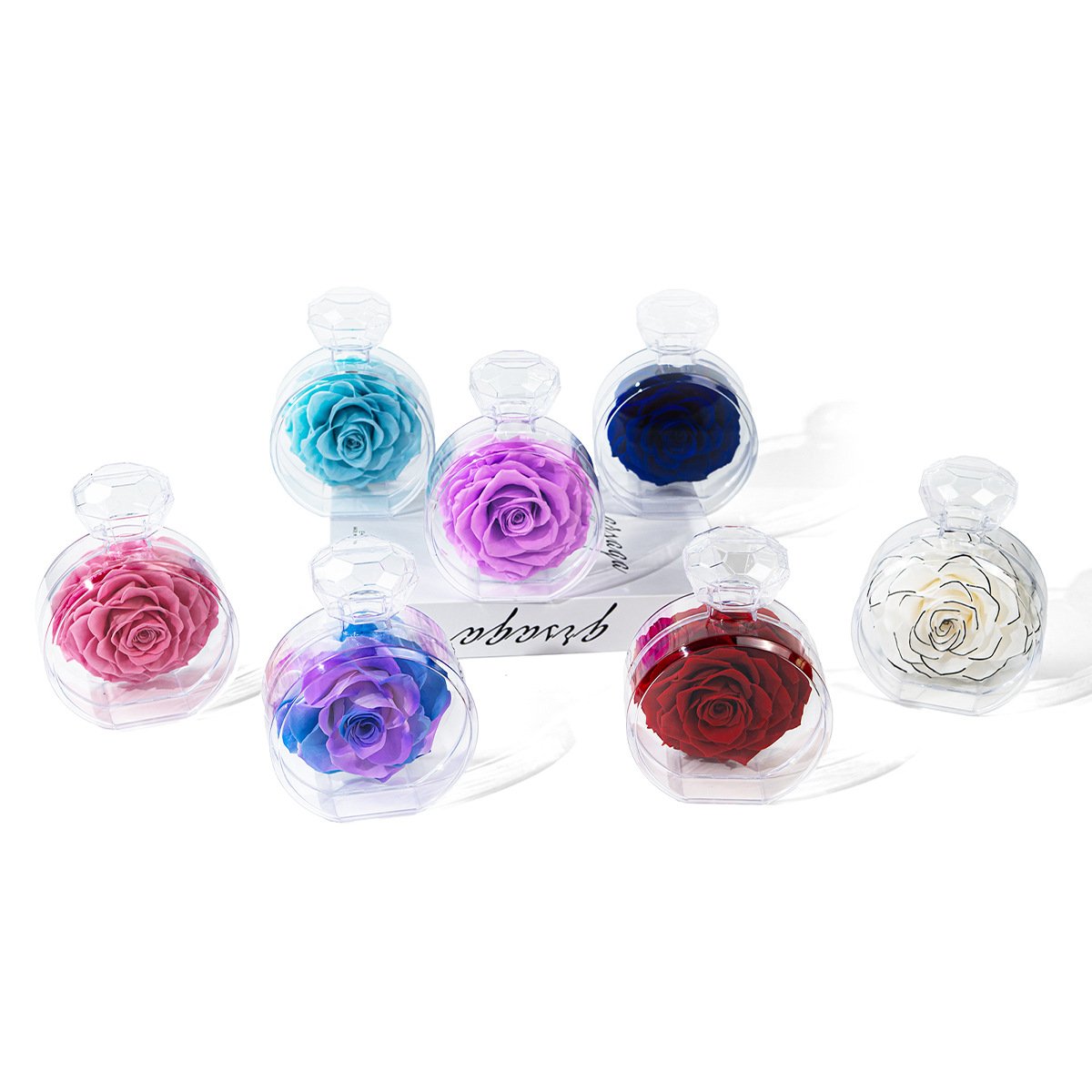 wholesale preserved rose flower gifts box perfume bottle material to make eternal flowers acrylic eternal flower