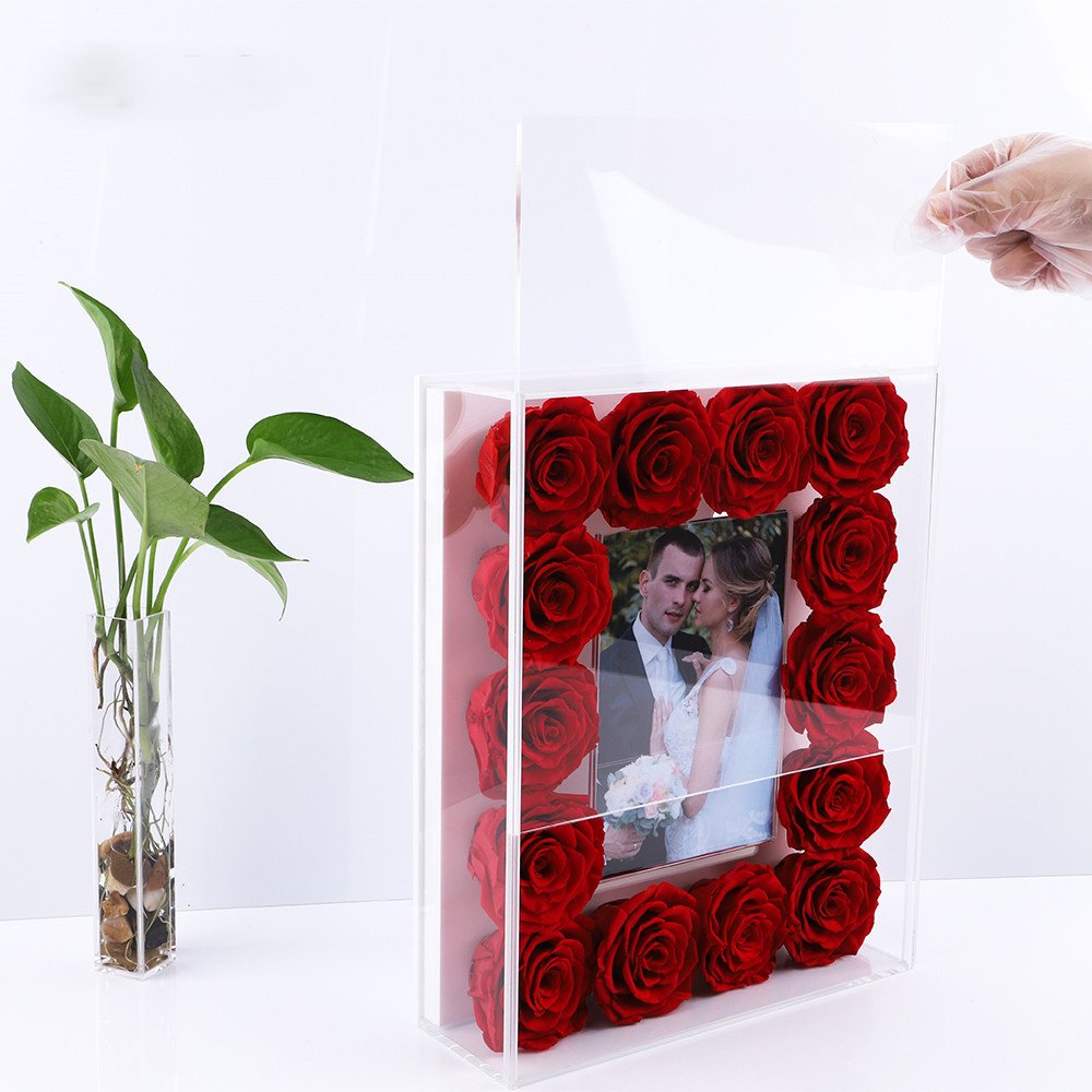 Factory supply 18 pcs eternal rose everlasting rosas venus fleur preserved rose flower photo frame in acrylic box