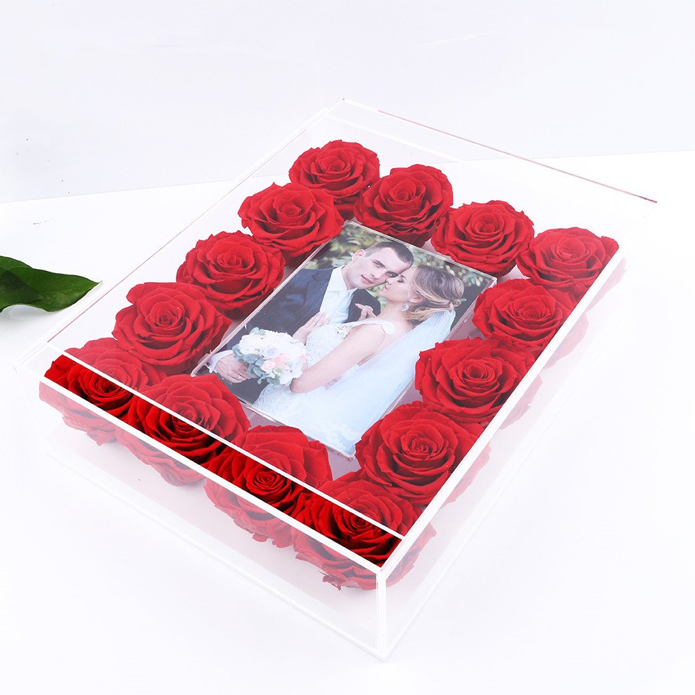 Factory supply 18 pcs eternal rose everlasting rosas venus fleur preserved rose flower photo frame in acrylic box