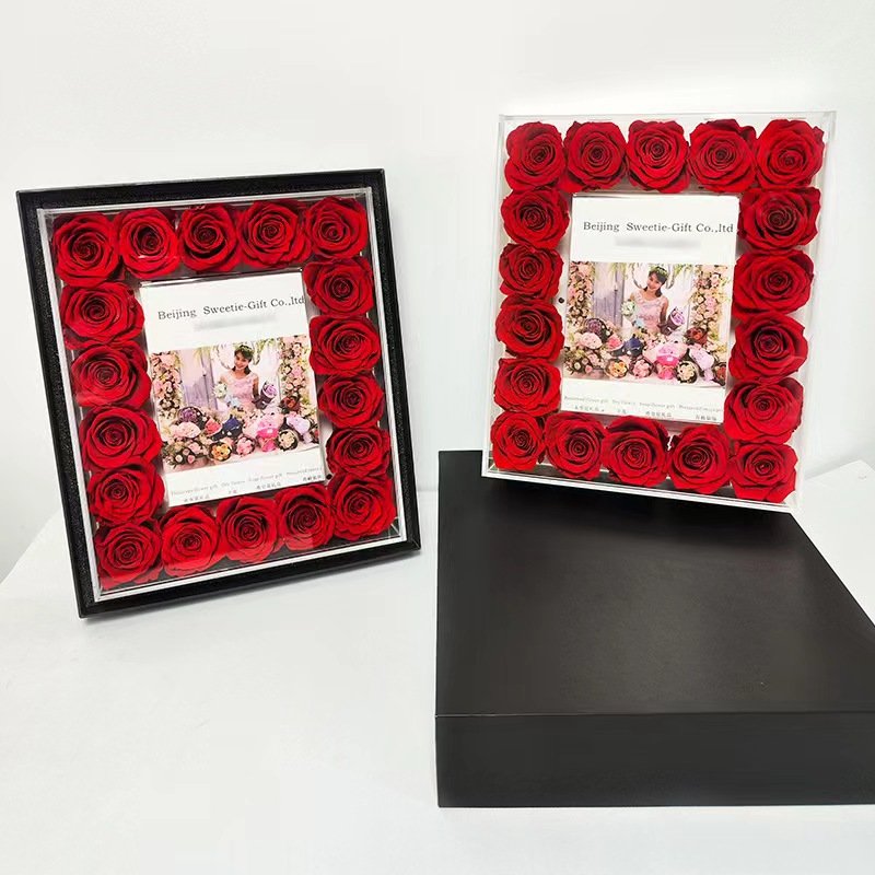 Factory supply 18 pcs eternal rose everlasting rosas venus fleur preserved rose flower photo frame in acrylic box