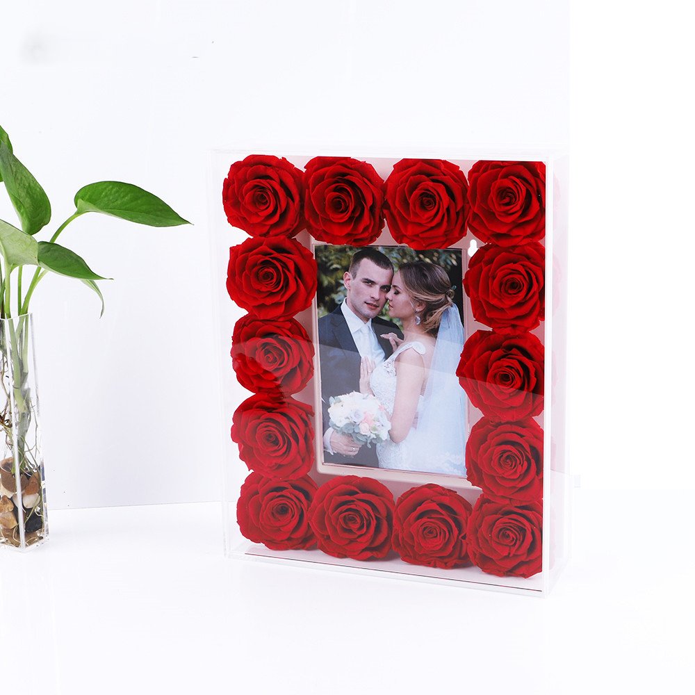 Factory supply 18 pcs eternal rose everlasting rosas venus fleur preserved rose flower photo frame in acrylic box