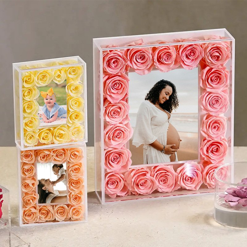 Factory supply 18 pcs eternal rose everlasting rosas venus fleur preserved rose flower photo frame in acrylic box