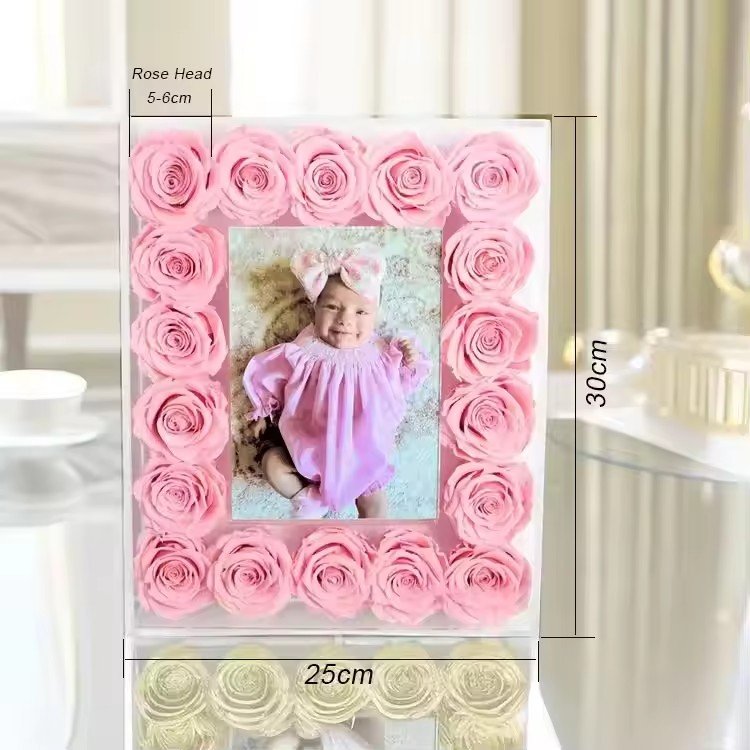 Factory supply 18 pcs eternal rose everlasting rosas venus fleur preserved rose flower photo frame in acrylic box