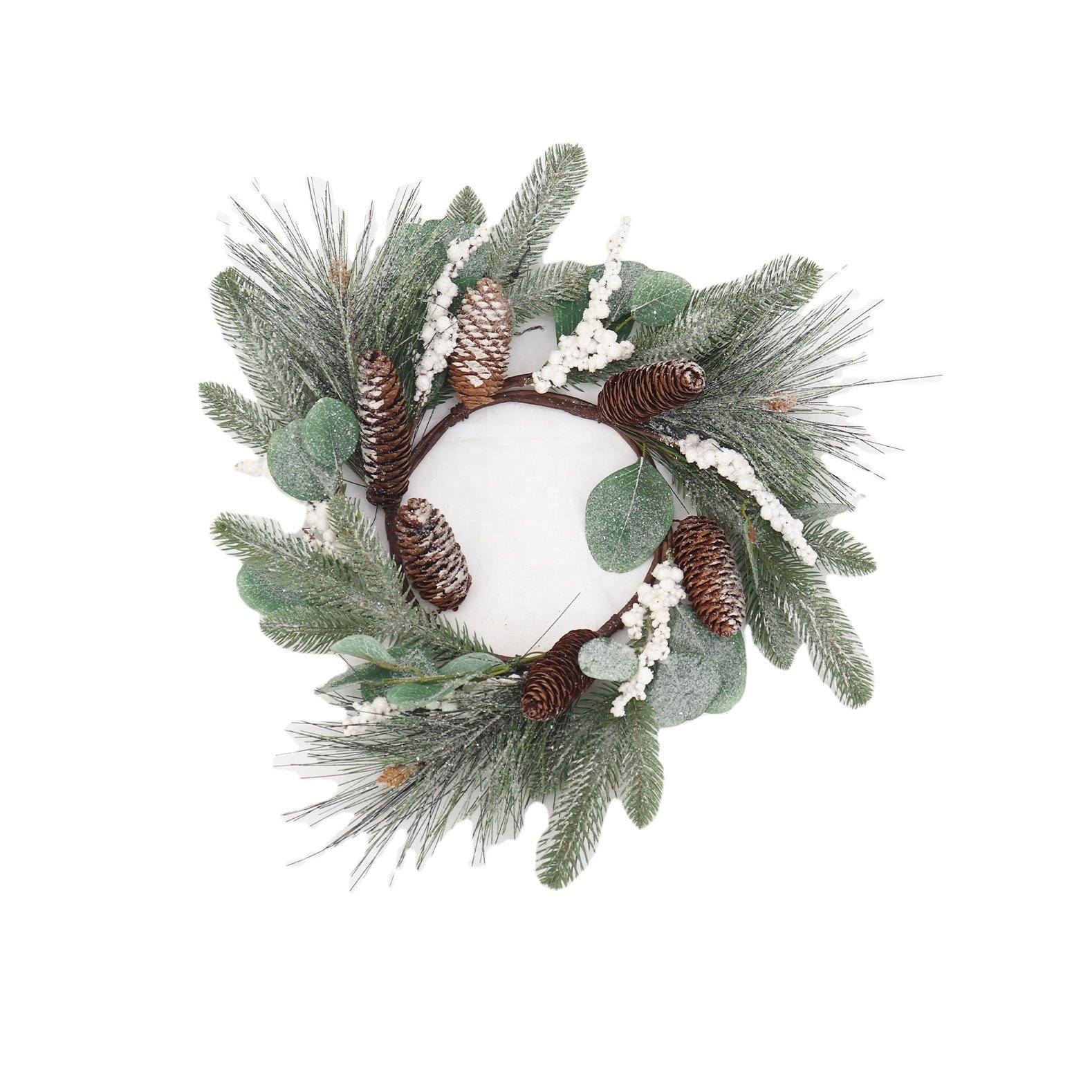 17cm Inner Diameter Pine Fir Frost Candle Ring Preserved Artificial Flowers Christmas Wreath Decoration for Party & Holidays