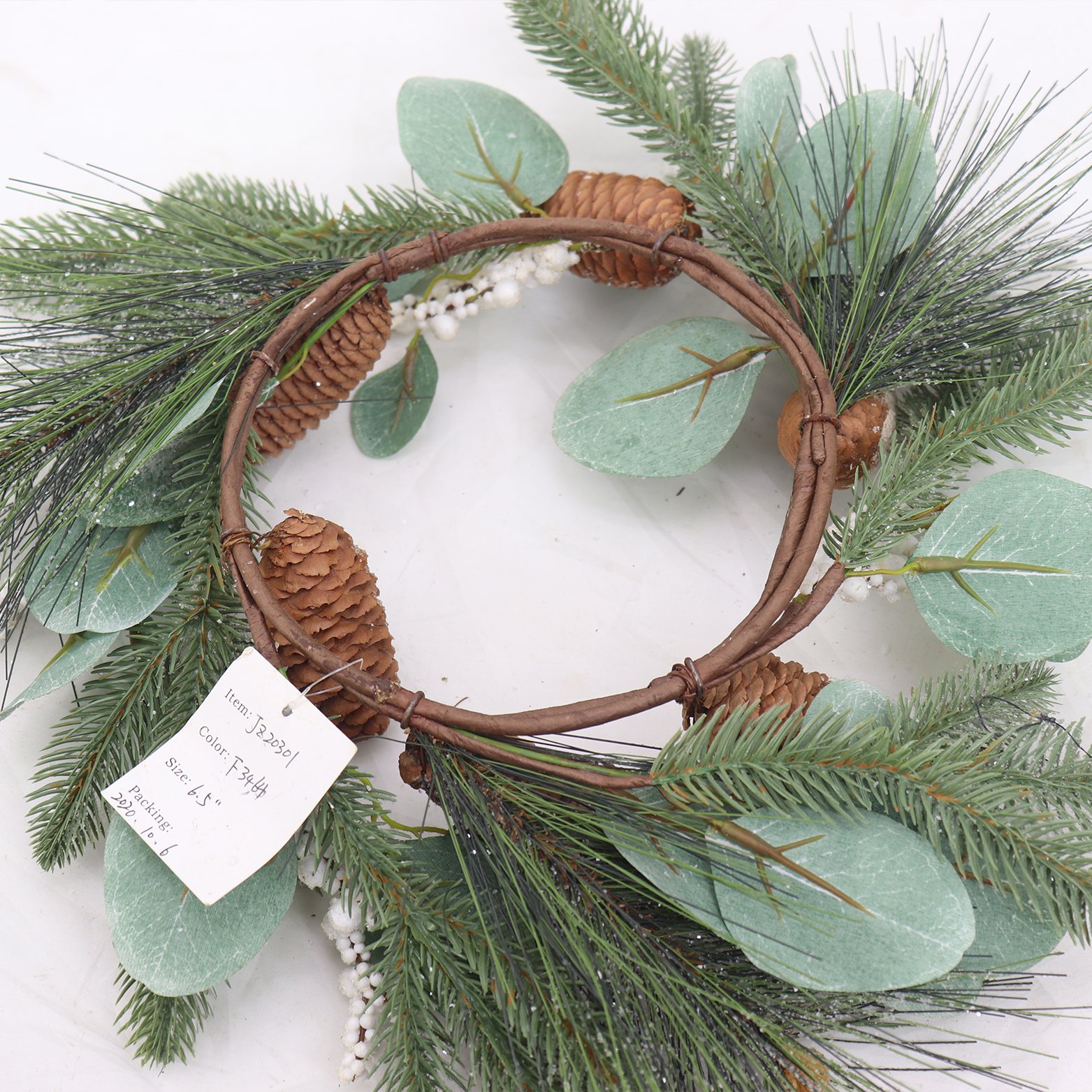 17cm Inner Diameter Pine Fir Frost Candle Ring Preserved Artificial Flowers Christmas Wreath Decoration for Party & Holidays
