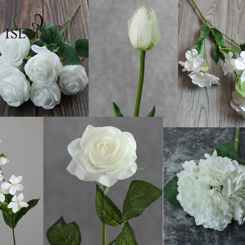ISEVIAN Wholesale Artificial Roses Silk Wedding Decoration flowers White Flowers
