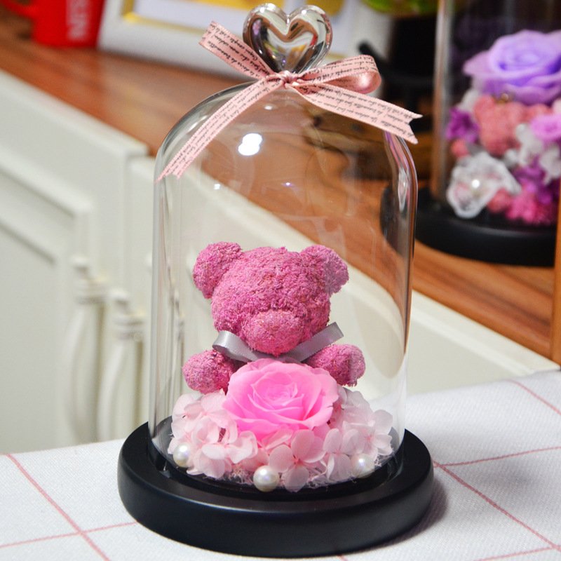BLH New Handmade Preserved Rose Bear In Glass Dome Eternal Rose Flowers Teddy Bear Valentine's Day Gift Wedding Decoration for Valentines Day