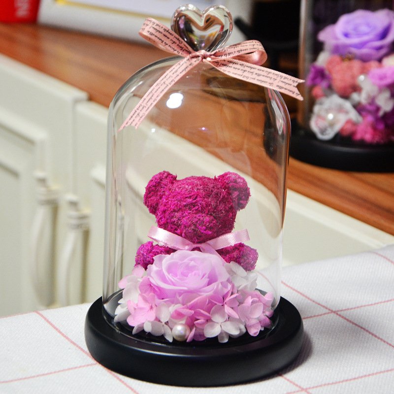 BLH New Handmade Preserved Rose Bear In Glass Dome Eternal Rose Flowers Teddy Bear Valentine's Day Gift Wedding Decoration for Valentines Day