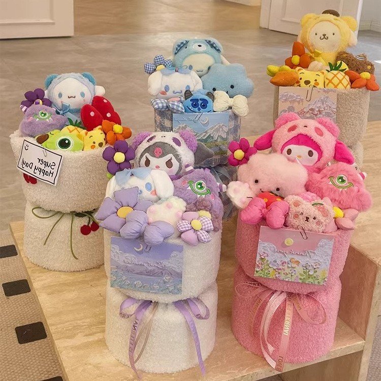 New Sanrio Kuromi Cinnamoroll Mymelody Kawaii Cartoon Doll Bouquet Anime Cute Girl Valentine Halloween Gift