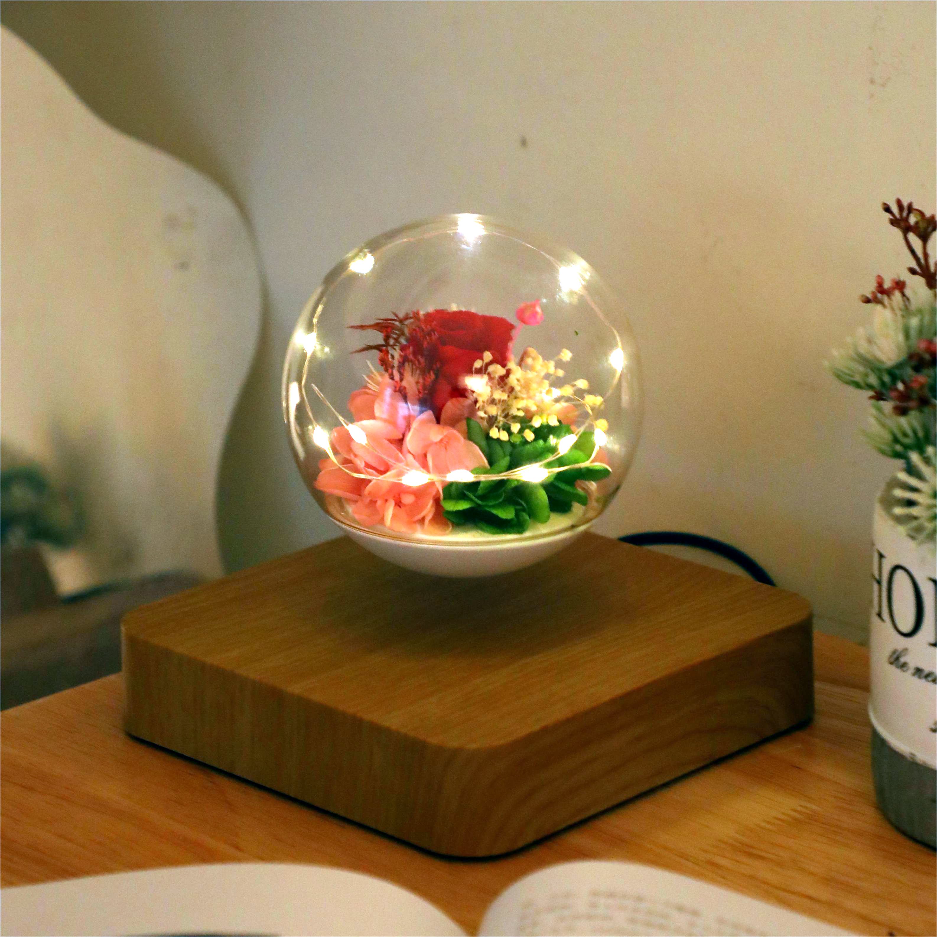 HCNT Magnetic Levitating Lamp Forever Rose Romantic Flower Bulb Lights Preserved Flowers Plant Lamp for Gift Home Decor