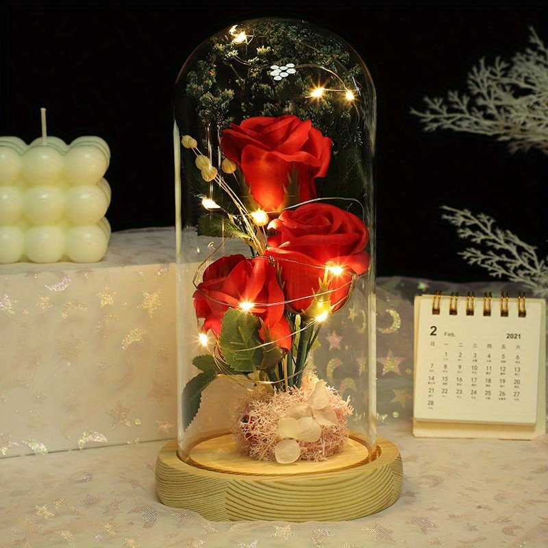 High Quality Stunning Three Roses in Glass Dome wood pallet Exquisite Rose Flower Gift