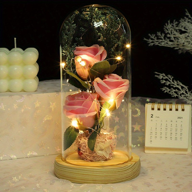 High Quality Stunning Three Roses in Glass Dome wood pallet Exquisite Rose Flower Gift
