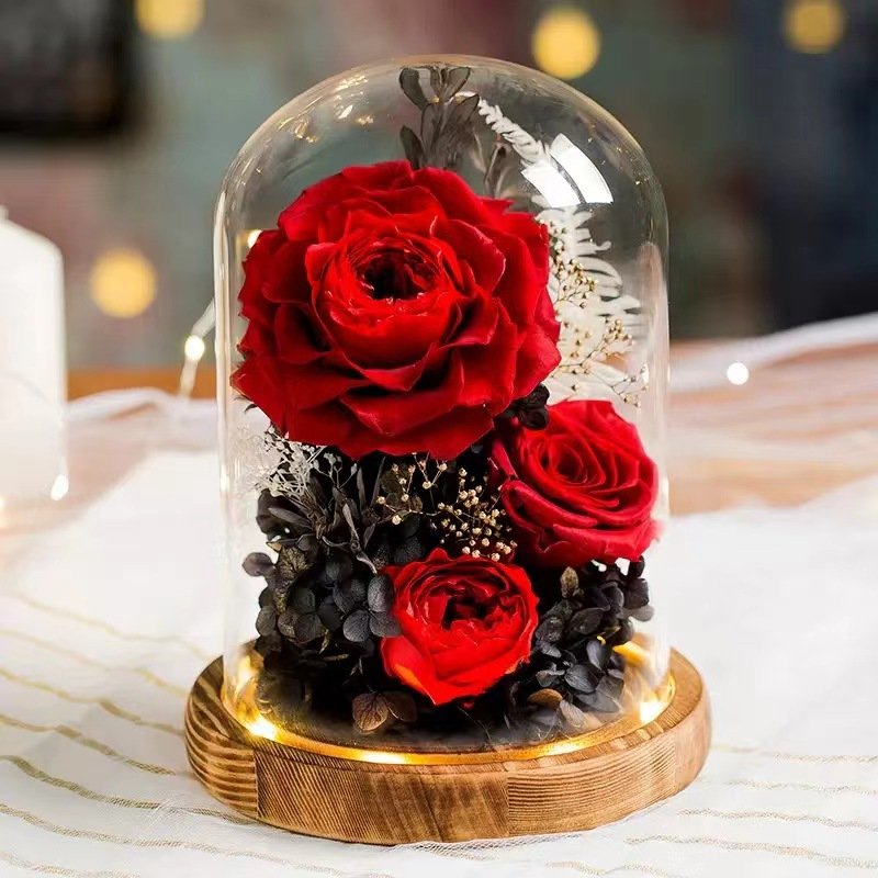 Exquisite special preserved eternal stabilized immortal flower glass cover ornament for boys to give girls as birthday gifts