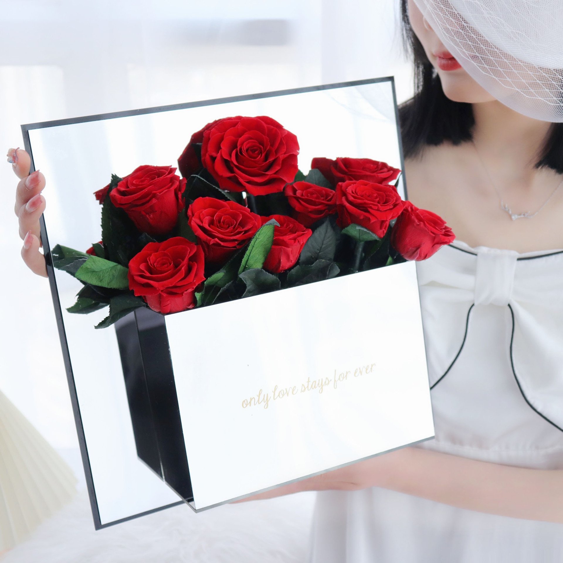 Preserved Flower Mirror Heart Rose Transparent Acrylic Secret Garden Flower Box 214 Tanabata Valentine's Day