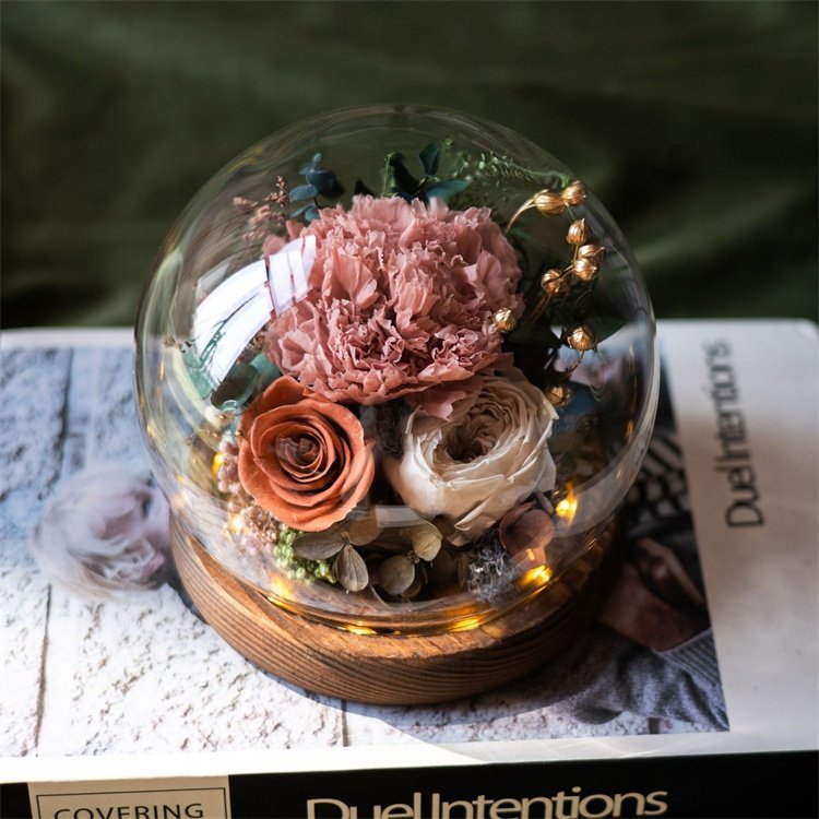 New Arrival Valentine's Day Womens Gift Preserved Forever Roses Carnation Eternal Real Flower With Led Light In Gass Dome