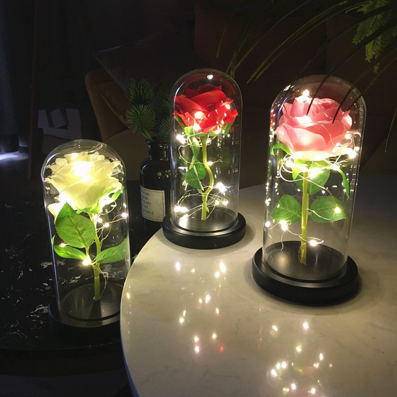 Valentine's Day Flannel Feel Led Light Preserved Rose Decorative Rose in Glass Dome for Gift Set