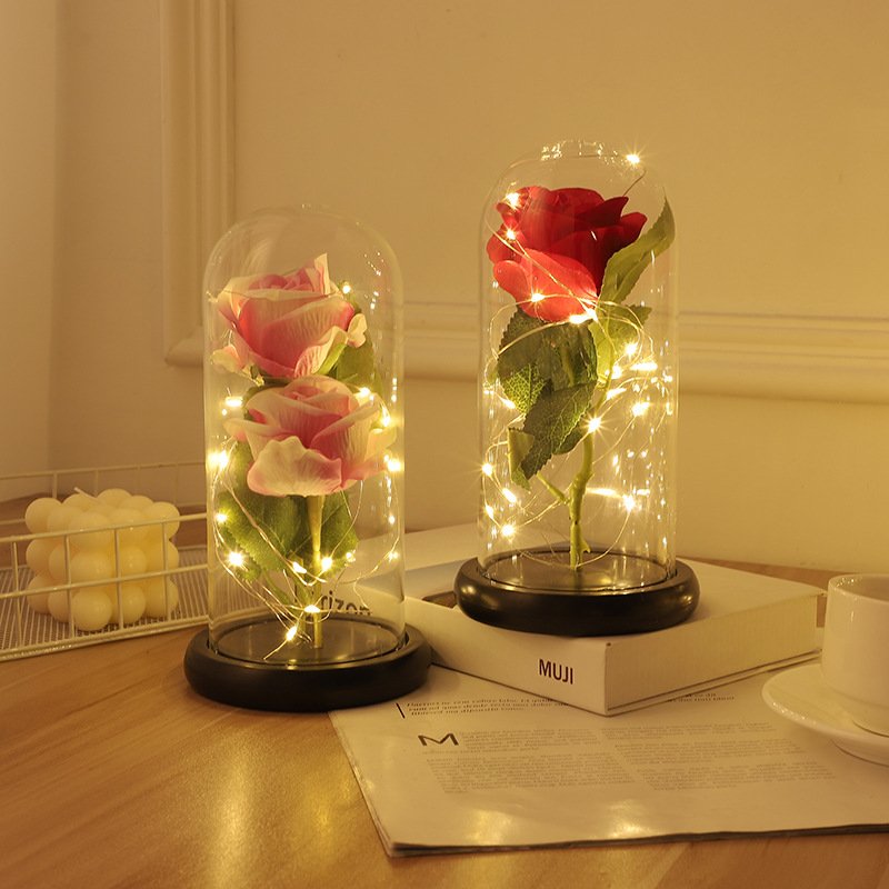 Valentine's Day Flannel Feel Led Light Preserved Rose Decorative Rose in Glass Dome for Gift Set