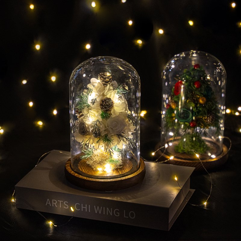 Christmas Tree Ornaments Decorations Green Preserved Flower Hydrangea Eternal Forever Preserved Roses In Glass Dome
