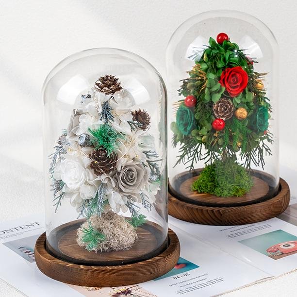 Christmas Tree Ornaments Decorations Green Preserved Flower Hydrangea Eternal Forever Preserved Roses In Glass Dome