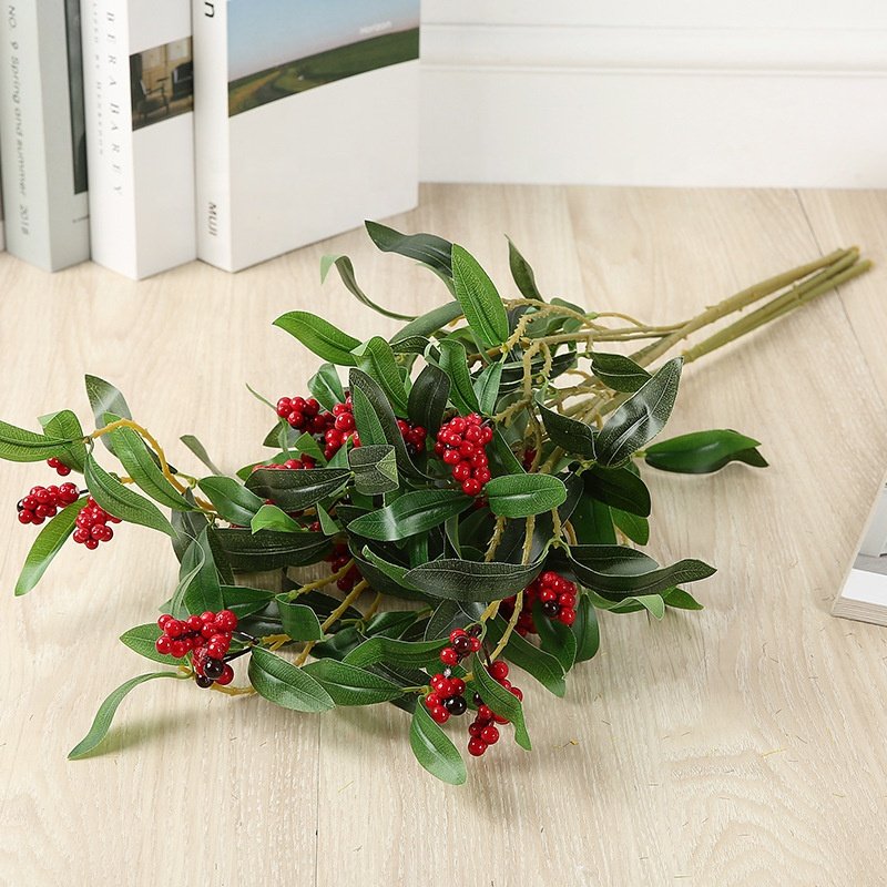 O-X483 Wholesale Christmas Decorative Plants Red Orange Artificial Berries Stems Holly Berries Artificial Flower Decoration