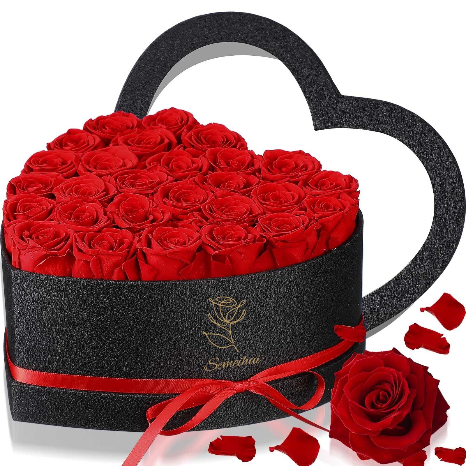 Custom Logo 27 pcs Purple Preserved Roses in Heart Shaped Gift Box with Transparent Window Ribbon Decoration Flower