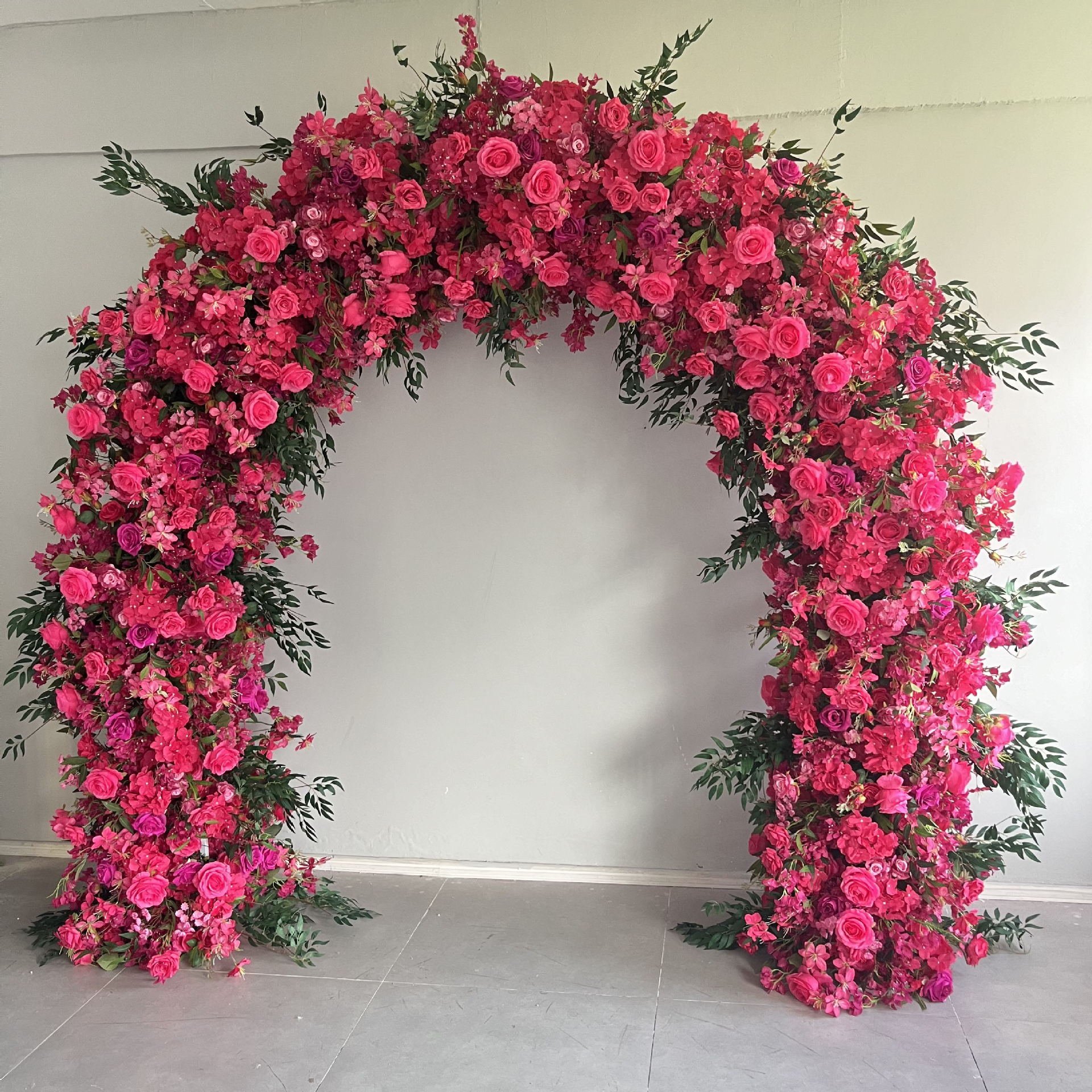 Wholesale simulation flower 2.4 * 2.4m triangular rose arch floral arrangement wedding stage background decoration fake flowers