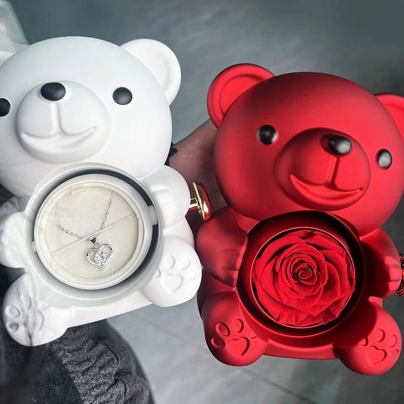 Mom Girl Gift Rotating Necklace Eternal Rose Flower Hug Bear Gift Box