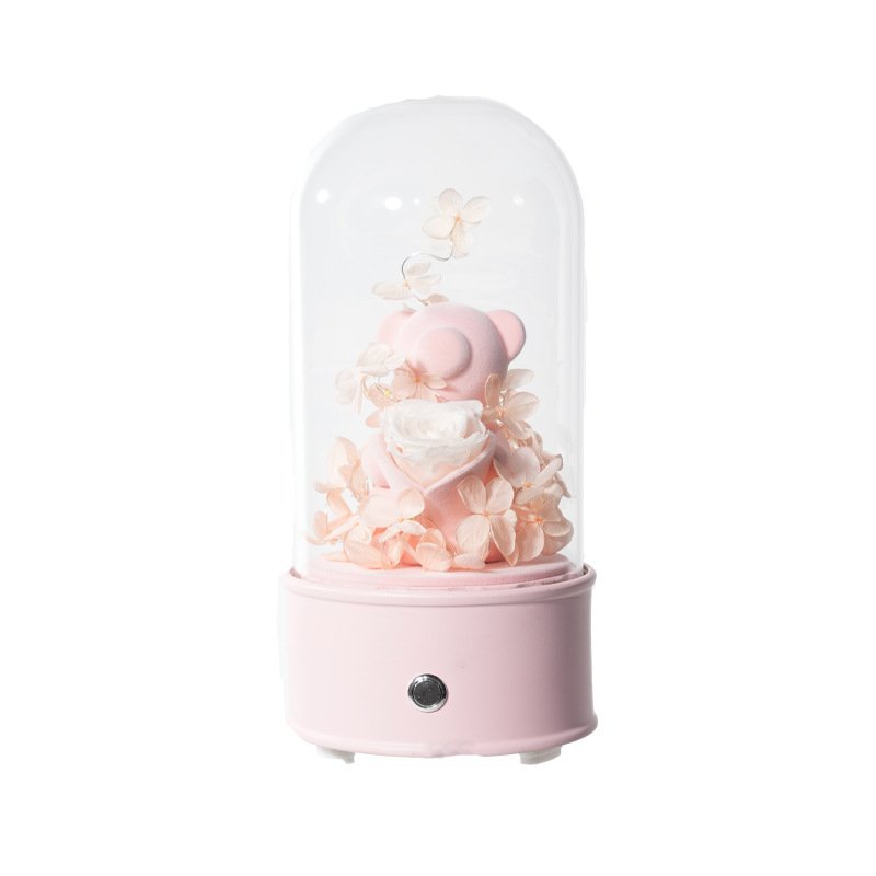 Preserved Flower Doll Bouquet in Glass Dome with Bluetooth Confession Eternal Life Rose Gift for Couple Christmas Anniversary