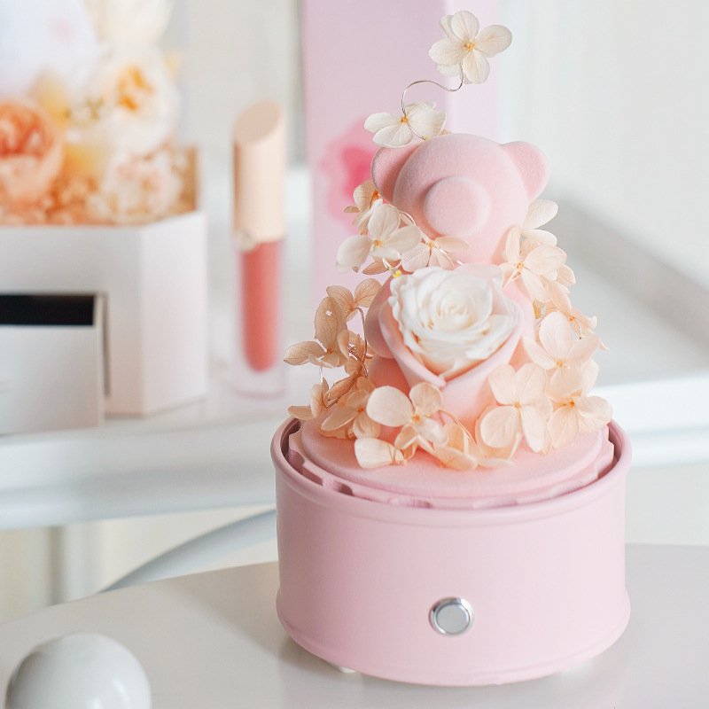 Preserved Flower Doll Bouquet in Glass Dome with Bluetooth Confession Eternal Life Rose Gift for Couple Christmas Anniversary