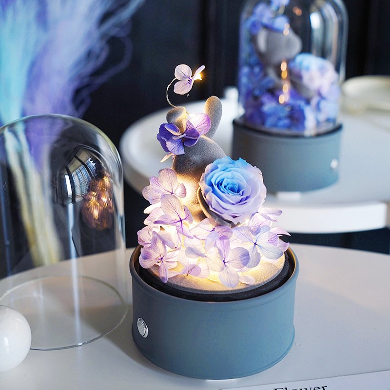 Preserved Flower Doll Bouquet in Glass Dome with Bluetooth Confession Eternal Life Rose Gift for Couple Christmas Anniversary