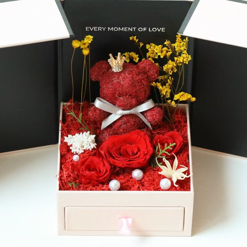 2024 New design eternal flower long lasting decoration flower moss bear preserved flowers in roses gift box double door open box