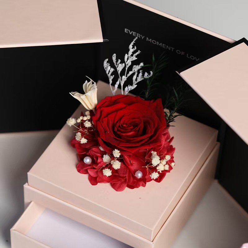 2024 New design eternal flower long lasting decoration flower moss bear preserved flowers in roses gift box double door open box