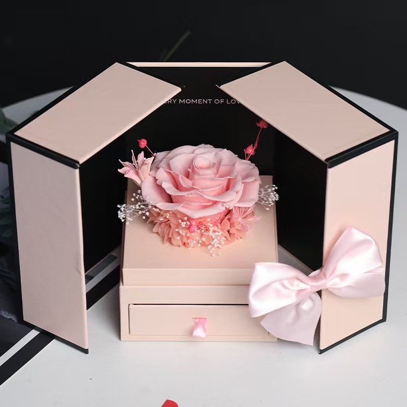 2024 New design eternal flower long lasting decoration flower moss bear preserved flowers in roses gift box double door open box