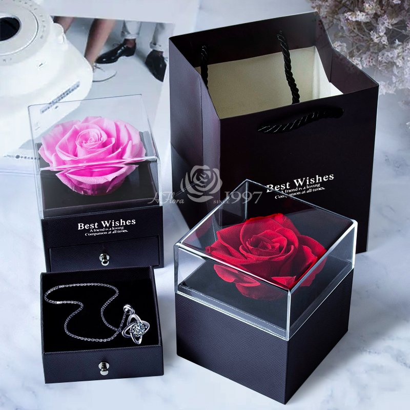 Wholesale Eternity Roses Acrylic Preserved Rose Gift Sets for Women Valentines Day Jewelry Box with drawer